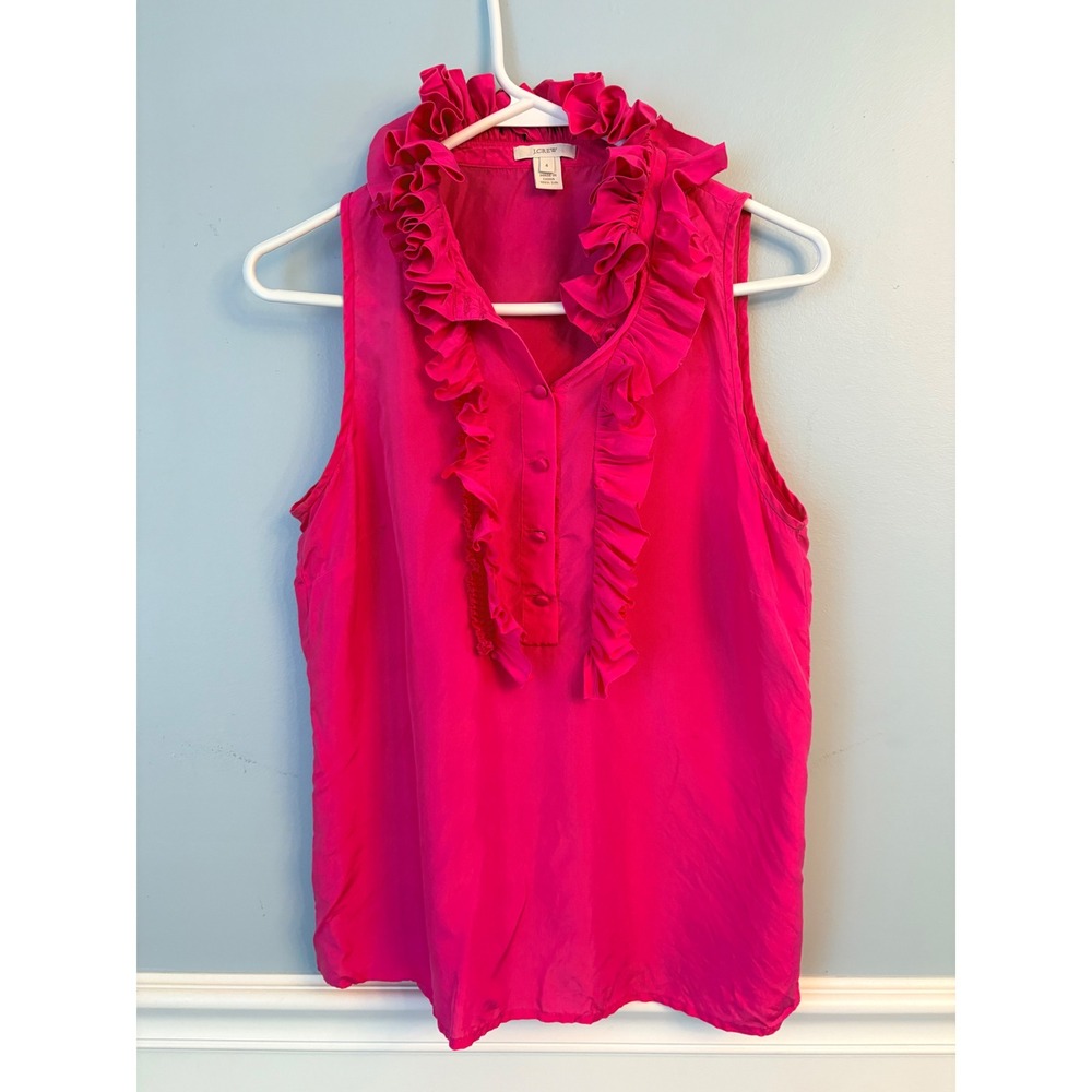 J.Crew Womens Hot Pink 100% Silk Ruffle Collar Sleeveless Blouse Top Size 4